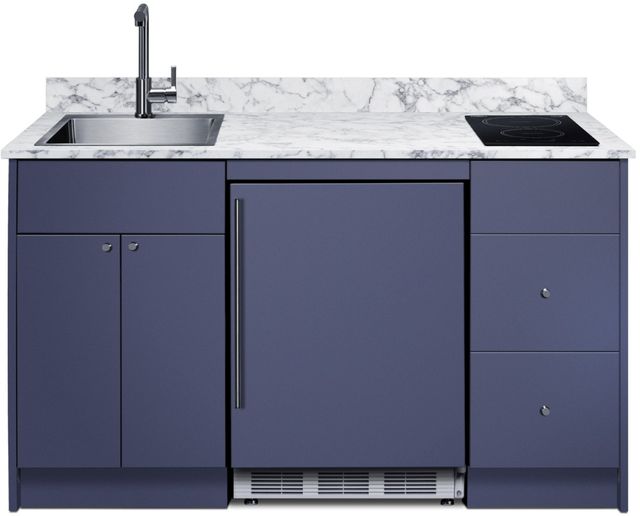 Summit® TurnKey Caldera 63" Midnight Navy Kitchenette with 5 Cu. Ft. Built-In Under the Counter Refrigerator, Induction Cooktop, and Stainless Steel Sink with Faucet-1
