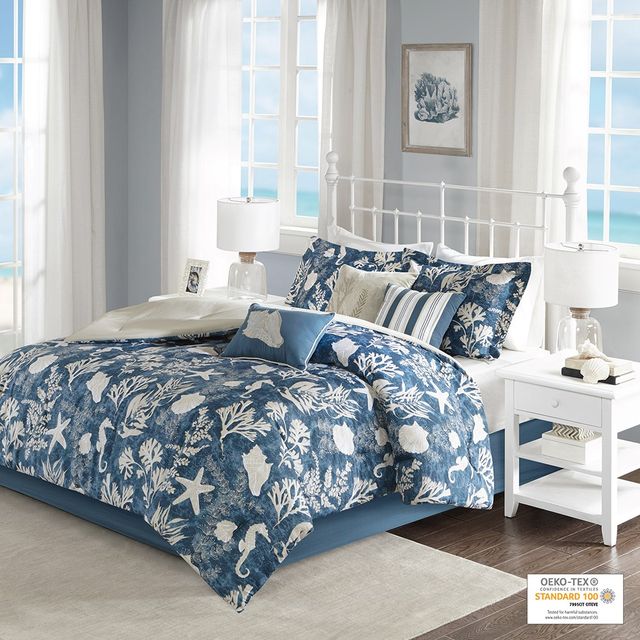 Olliix by Madison Park 7 Piece Blue California King Cape Cod Cotton Sateen Comforter Set-1