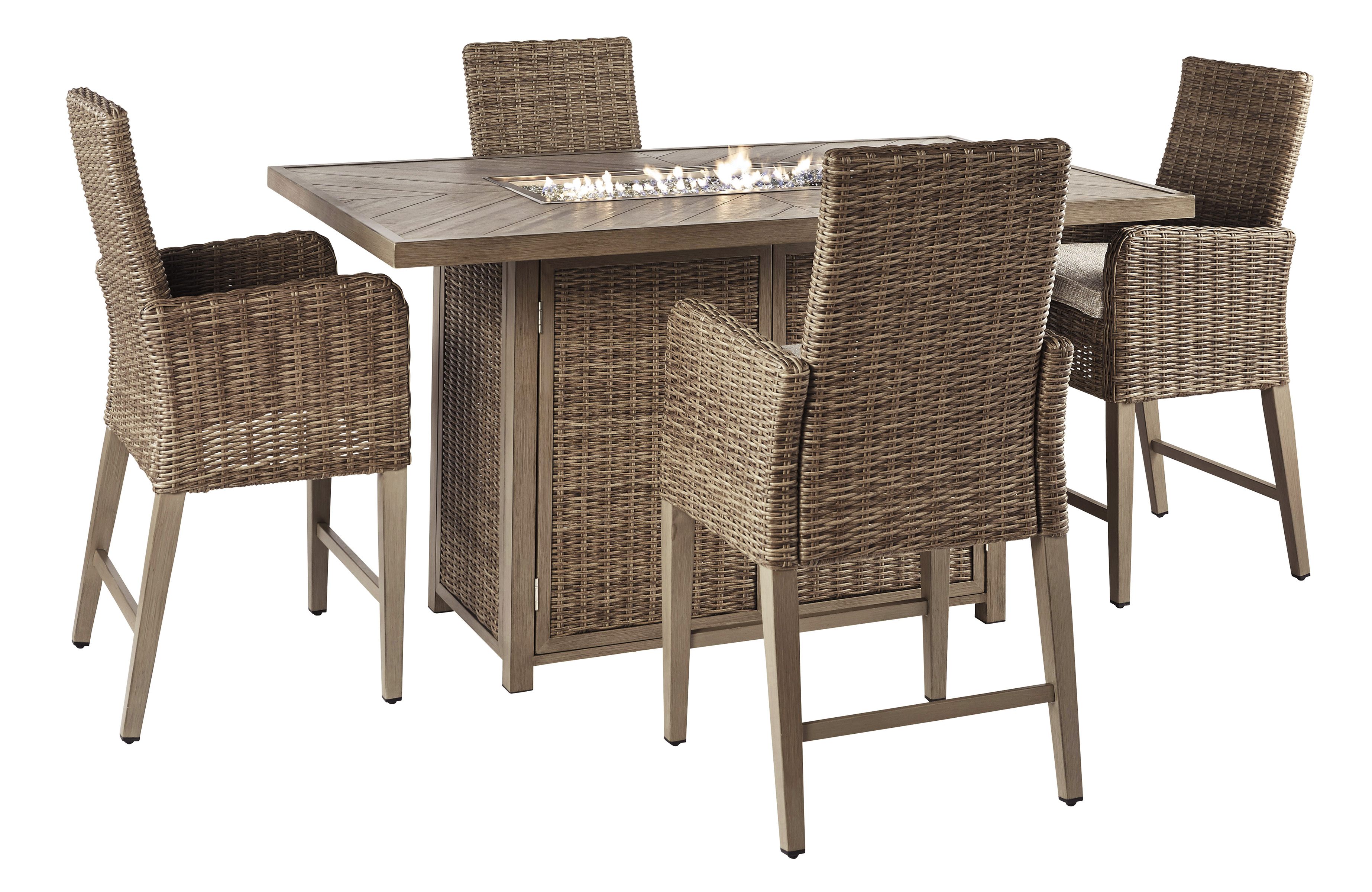 Signature Design by Ashley Beachcroft Beige 5 Piece Rectangular Bar Table with Fire Pit Set Atlantic Home Furnishings