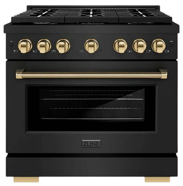 ZLINE Autograph Edition Paramount 36" Black Stainless Steel/Polished Gold Helix Handle Freestanding Gas Range with 6 Burner Cooktop and Convection Gas Oven-0