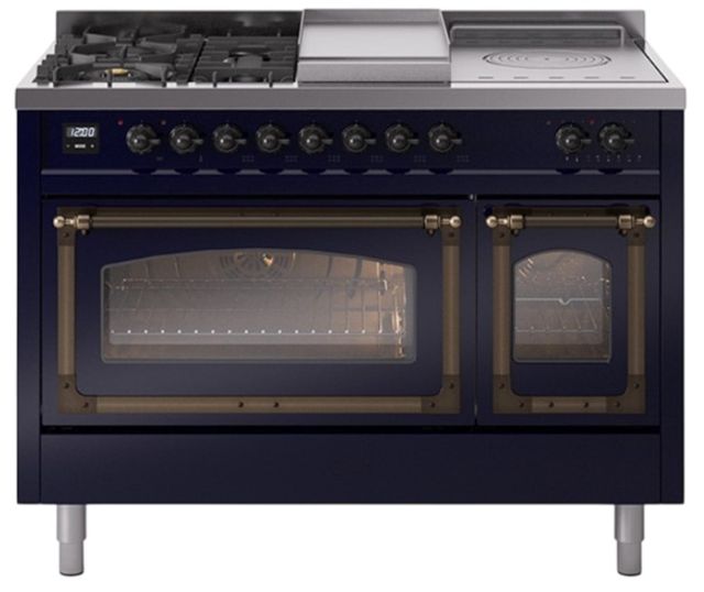 Ilve® Nostalgie II Noblesse 48'' Midnight Blue Pro Style Dual Fuel Range with Burnished Trim-0