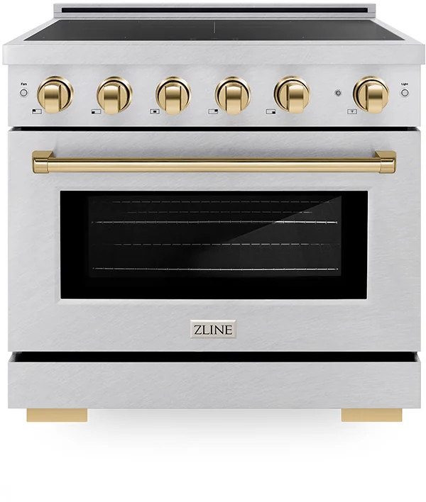 ZLINE Autograph Edition 36 in. 5.2 cu. ft. Paramount Induction Range with 5 Element Cooktop and Electric Convection Oven in Satin Stainless Steel with Polished Gold Accents (SINRSZ-36-G)