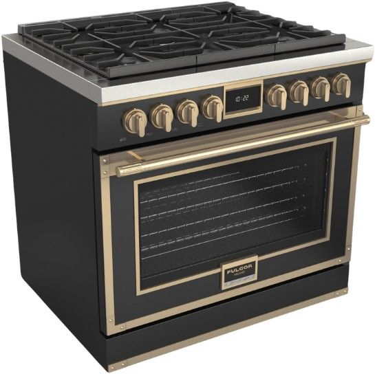 Fulgor Milano® Evoque 400 Series 36” Glossy Black Pro Style Dual Fuel Range with Brushed Brass Trim-0