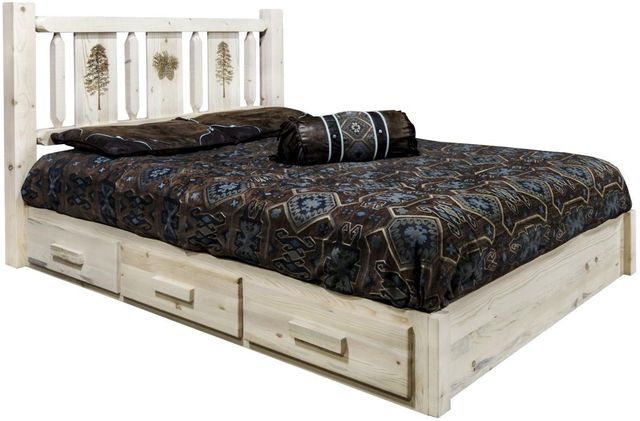Montana Woodworks® Homestead Clear Lacquer California King Platform Storage Bed with Laser Engraved Pine Design-0