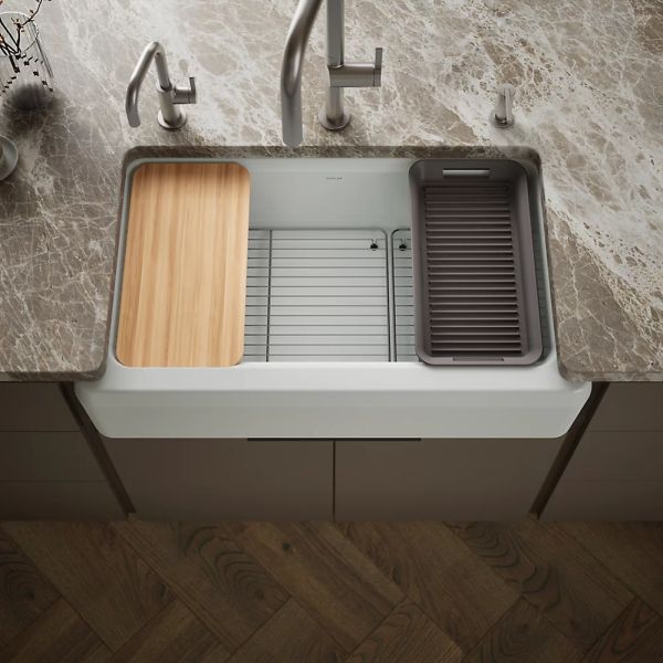 KOHLER® Riverby® Ice Gray 36" Undermount Single-Bowl Farmhouse Workstation Kitchen Sink with Accessories-1