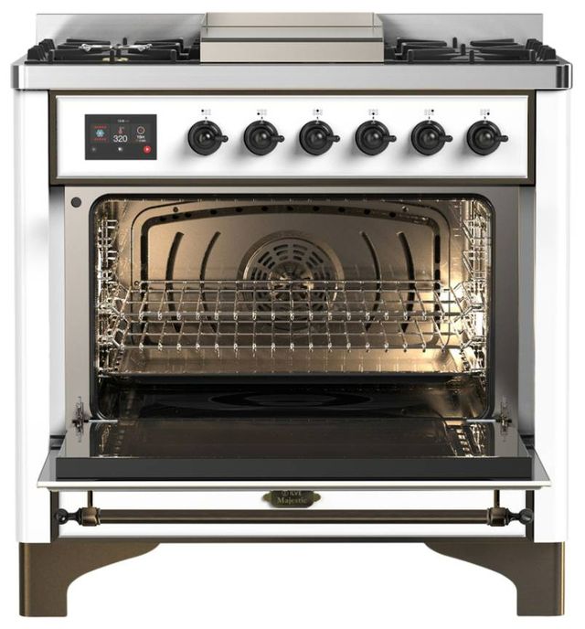 Ilve® Majestic III 36" White Pro Style Dual Fuel Liquid Propane Range with Solid Door and Burnished Trim-1