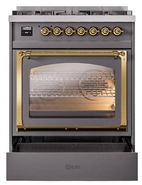 Ilve® Nostalgie II Noblesse 30" Graphite Matte Pro Style Dual Fuel Range with Brass Trim-3