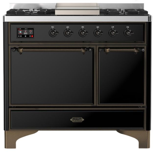 Ilve® Majestic III 40" Glossy Black Pro Style Dual Fuel Natural Gas Range with Solid Door and Burnished Trim-0