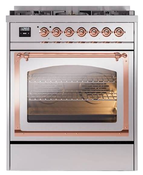Ilve® Nostalgie II Noblesse 30" Stainless Steel Pro Style Dual Fuel Range with Copper Trim-1