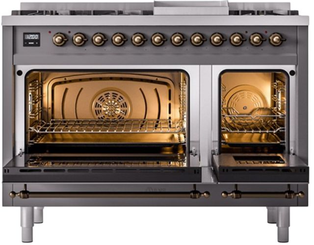 Ilve® Nostalgie II Noblesse 48'' Graphite Matte Pro Style Dual Fuel Range with Burnished Trim-1