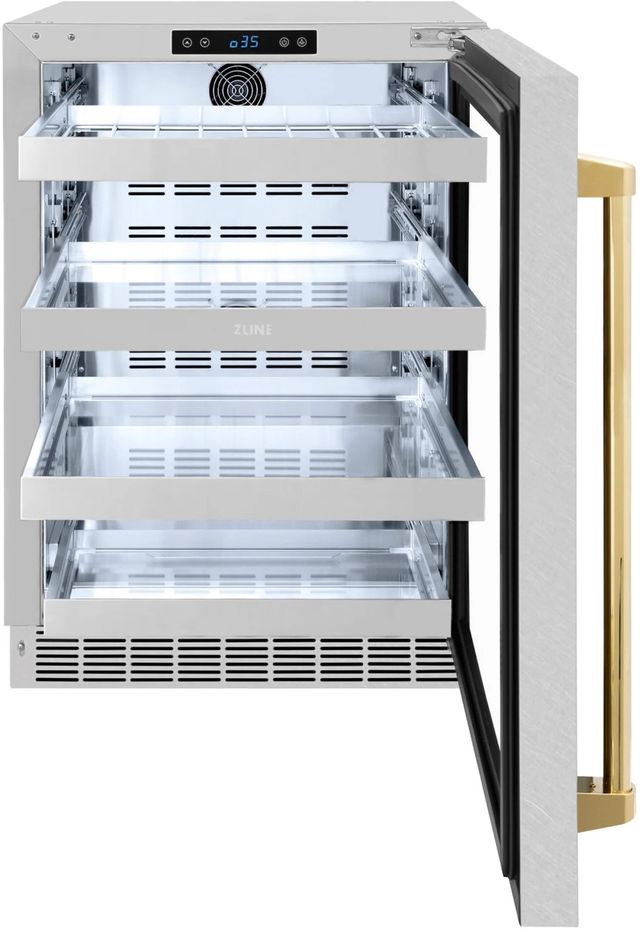 ZLINE Autograph Edition Touchstone 24" 5.2 Cu. Ft. Satin Stainless Steel Beverage Center with Glass Door and Polished Gold Handle-1