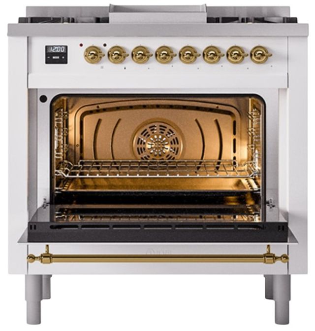 Ilve® Nostalgie II Noblesse 36'' White Pro Style Dual Fuel Range with Brass Trim-2