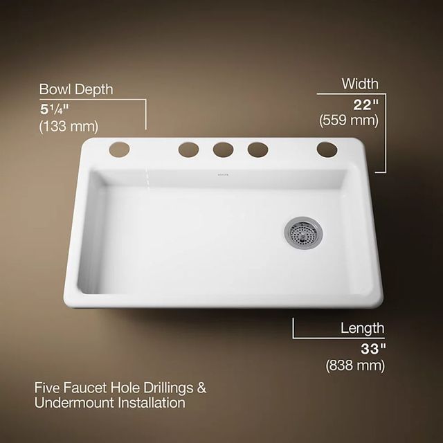 KOHLER® Riverby® White 33" Undermount Single-Bowl Kitchen Sink with Short Apron-3