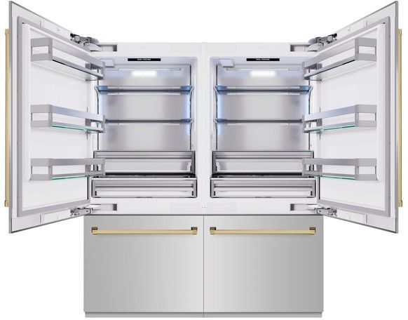 ZLINE Autograph Edition 72" 39.6 Cu. Ft. Satin Stainless Steel Built In French Door Refrigerator with Polished Gold Accents-2