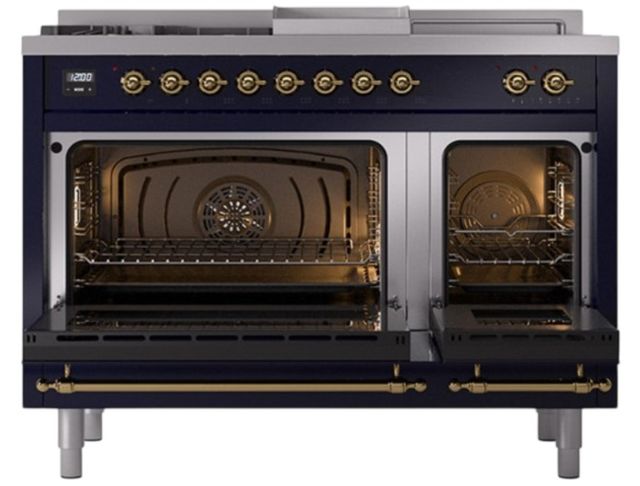 Ilve® Nostalgie II Noblesse 48'' Midnight Blue Pro Style Dual Fuel Range with Brass Trim-1