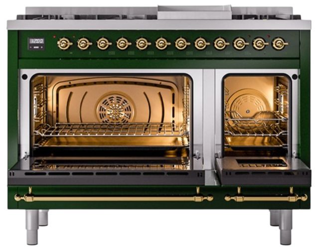 Ilve® Nostalgie II Noblesse 48'' Emerald Green Pro Style Dual Fuel Range with Brass Trim-1