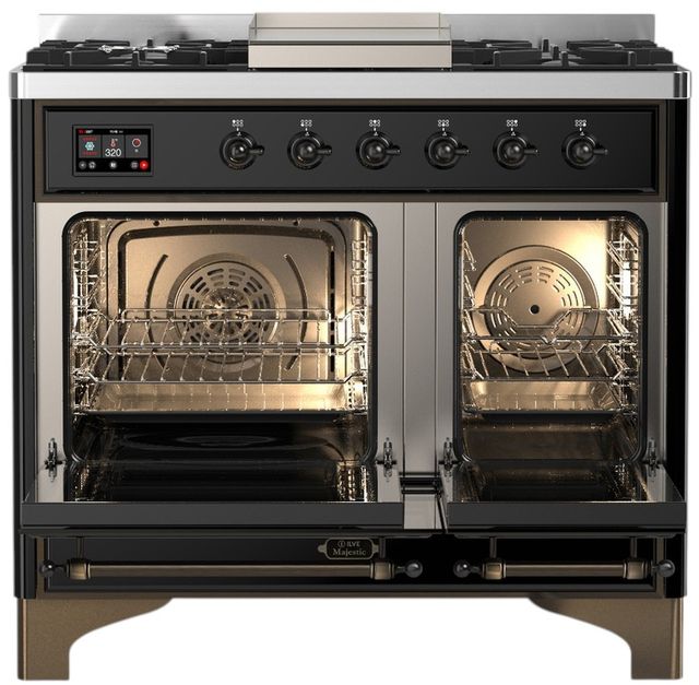 Ilve® Majestic III 40" Glossy Black Pro Style Dual Fuel Natural Gas Range with Triple Glass Door and Burnished Trim-1