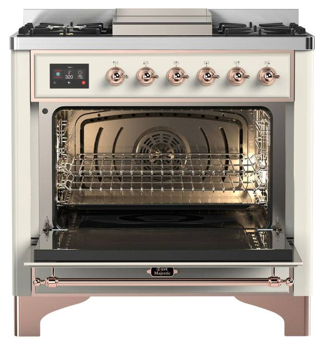 Ilve® Majestic III 36" Antique White Pro Style Dual Fuel Natural Gas  Range with Triple Glass Door and Copper Trim-1
