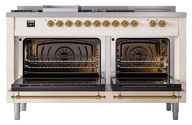 Ilve® Nostalgie II Noblesse 60'' Antique White Pro Style Dual Fuel Range with Brass Trim-1