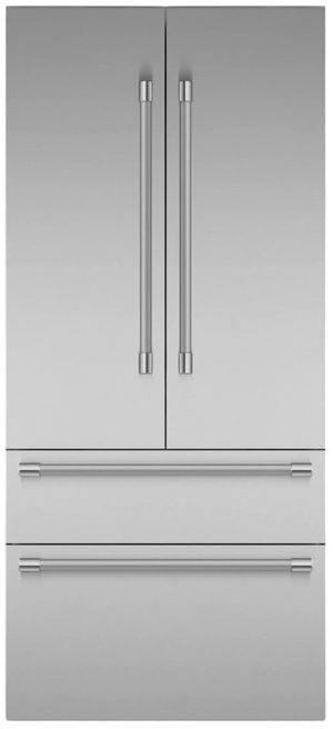 Front view of the Thermador® Freedom® Professional 36 in. 18.7 Cu. Ft. Stainless Steel Built In Counter Depth French Door Refrigerator