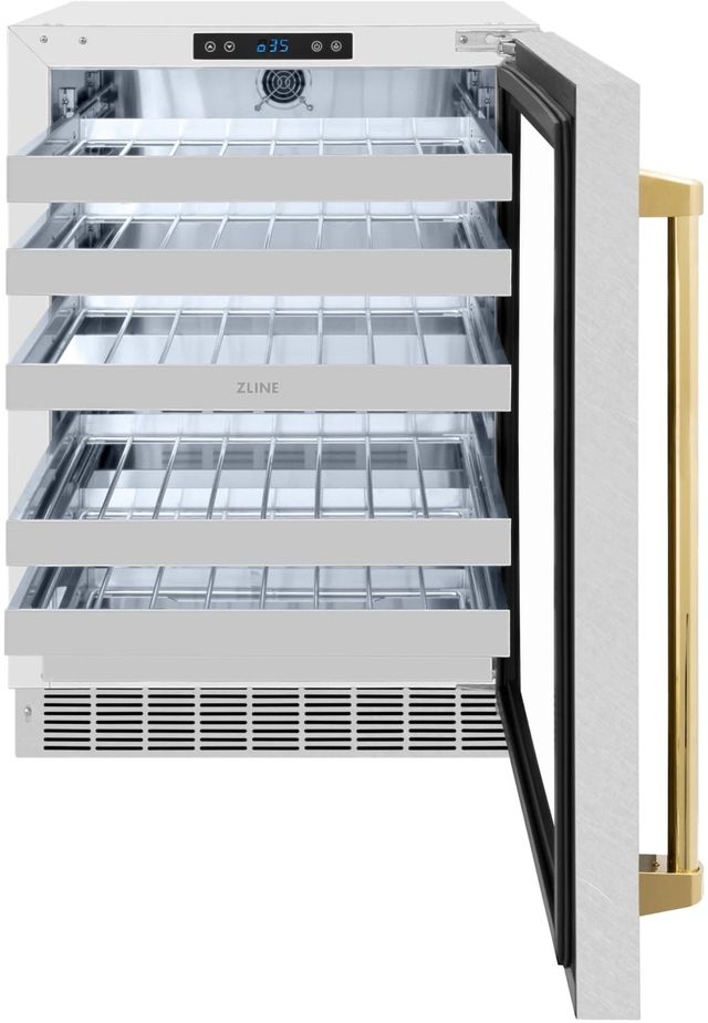 ZLINE Autograph Edition Touchstone 24" 4.8 Cu. Ft. Satin Stainless Steel Wine Cooler with Glass Door and Polished Gold Handle-1