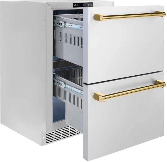 ZLINE Autograph Edition Touchstone 4.6 Cu. Ft. Stainless Steel Outdoor-Rated Refrigerator Drawers with Polished Gold Handles-2