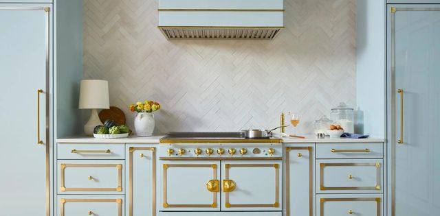 La Cornue CornuFé Loge 44" Roquefort Wall Mounted Range Hood with Polished Brass Trim-2