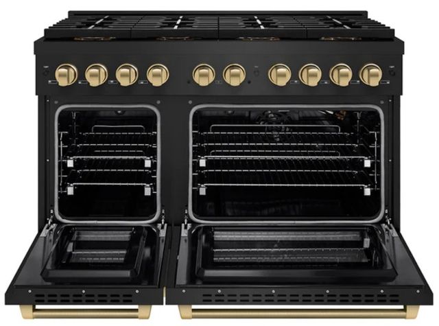 ZLINE Autograph Edition Paramount 48" 6.7 Cu. Ft. Black Stainless Steel Gas Range with 8 Burner DuoPro™ Cooktop and Dual Ovens with Champagne Bronze Helix Handles and Accents-1