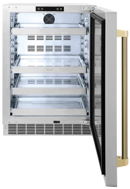 ZLINE Autograph Edition Touchstone 24 " 5.2 Cu. Ft. Stainless Steel 151 Can Beverage Fridge with Solid Door and Polished Gold Helix Handle-1