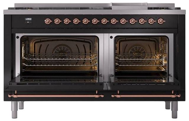 Ilve® Nostalgie II Noblesse 60'' Glossy Black Pro Style Dual Fuel Range with Copper Trim-2