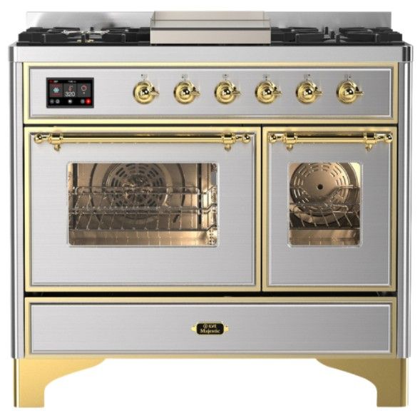 Ilve® Majestic III 40" Stainless Steel Pro Style Dual Fuel Liquid Propane Range with Triple Glass Door and Brass Trim-0