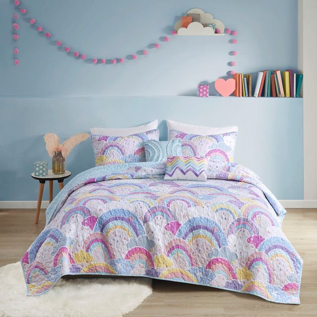 Olliix by Urban Habitat Kids Emily Printed Rainbow Cotton Reversible Multi Twin Coverlet Set-0