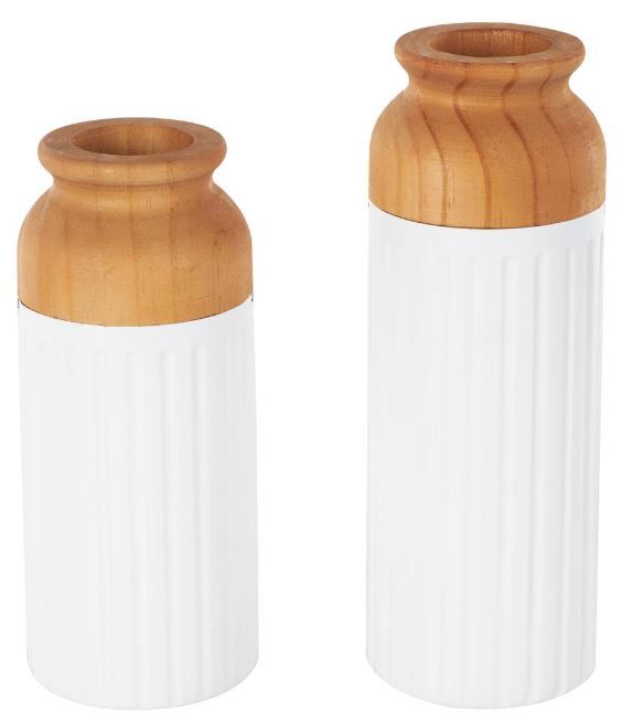 Deco Marche 2-Piece White Metal Decorative Vase with Brown Wood Tops Set-0