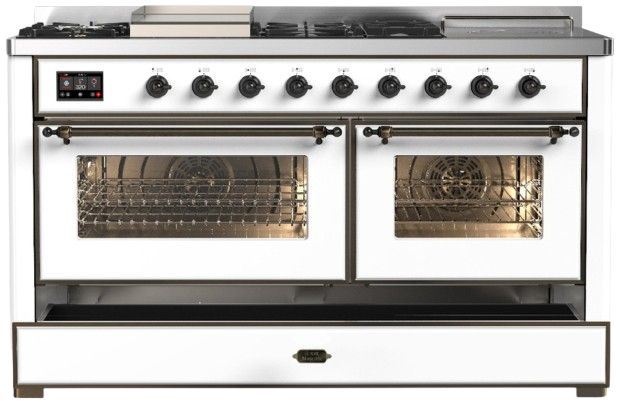 Ilve® Majestic III 60" White Pro Style Dual Fuel Natural Gas Range with French Top and Burnished Trim-2