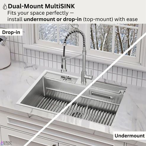 Forno Acqua MultiSINK Stainless Steel 33" Dual Mount Double Bowl Sink with Faucet and Waterfall-3