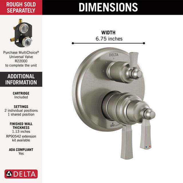 Delta Dorval® Monitor® 17T Series Stainless 2-Handle Valve Trim with 3-Setting Diverter-1