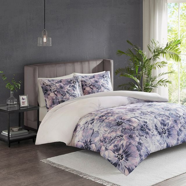 Olliix by Madison Park 3 Piece Purple Full/Queen Enza Cotton Printed Duvet Cover Set-1